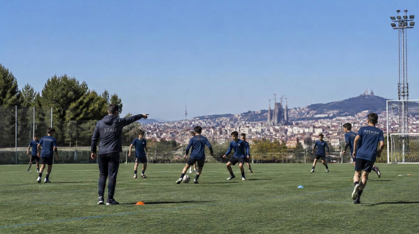 Young football players training on a pitch overlooking Barcelona